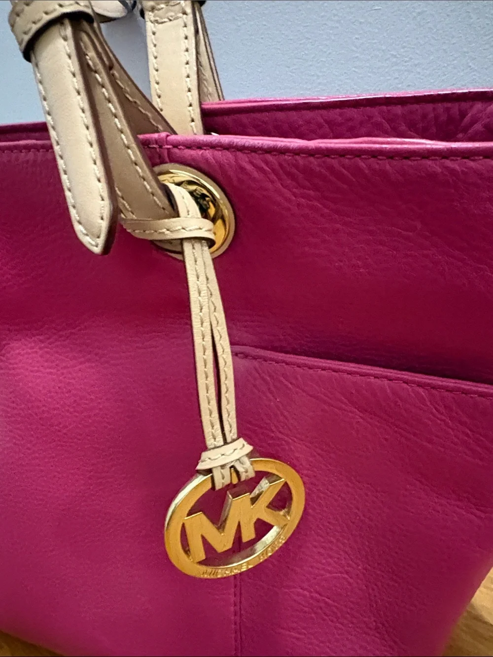 Michael Kors Hot Pink Leather Tote with Natural Trim